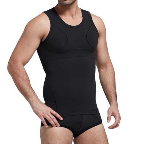 PEONNYT Seamless Bamboo Charcoal Compression Vest Hide Moobs Undershirts Mens Slimming Body Shaper Vest Elastic Slim Shapewear(Black 3XL)