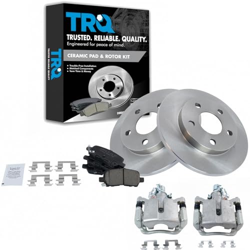 Image of TRQ Rear Ceramic Brake Pad and Rotor Set Includes Calipers | For 11-13 Chevrolet Impala 14-16 Chevrolet Impala Limited 06-08 Pontiac Grand Prix Base Model with Standard Suspension