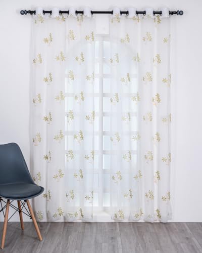 Image of 5 Ft Golden & Green Floral Sheer Tissue Curtain with Embroidery, Grommet Top, 152 L x 121 W cm, For Home, Bedroom, Bathroom