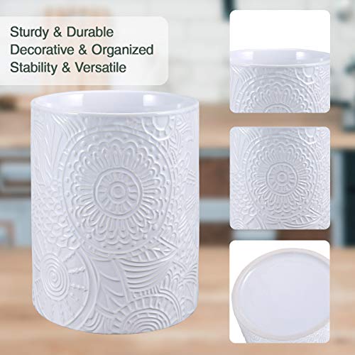 Ceramic Utensil Holder for Countertop, Large Utensil Holder Farmhouse Utensil Crock for Kitchen & Dining Table, White Cooking Utensil Holder,Relief Design with Sunflower Pattern