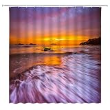 WZFashion Ocean Beach Sunset Shower Curtain Orange Purple Hawaiian Coastal Seaside Waves Tropical Sunrise Exotic Nature Scenery Landscape Summer Nautical Fabric Bath Curtain Set with Hook
