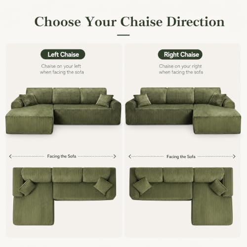 Image of KEIKI 109 inch Corduroy L-Shaped Sectional Sofa with Left Chaise, Green