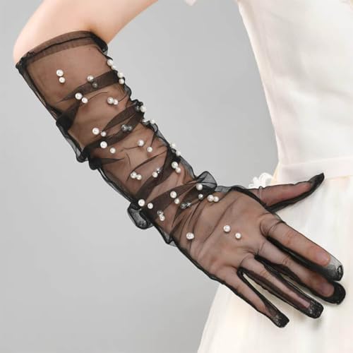 2 Pairs Women's White Pearl Long Gloves Summer UV Protection Tulle Mesh Bridal Gloves for Cocktail Wedding Opera Party3