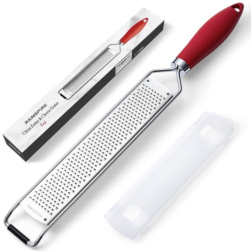 Image of Rainspire Zester Grater with Handle, Lemon Zester Cheese Grater for Kitchen Stainless Steel, Parmesan Cheese Garlic Nutmeg Chocolate Fruits Vegetables Ginger Grater, Fine, Red