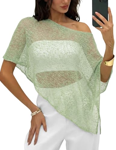 LOMON Lightweight Poncho Crochet Coverups for Women Fashion Sheer Tops for Women Cute Womens Spring Tops Green