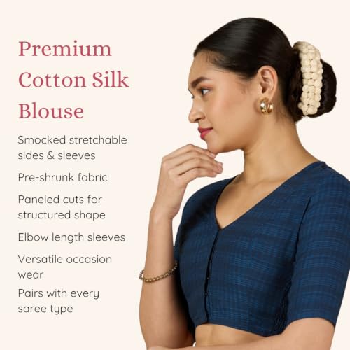 Image of Studio Shringaar Women Cotton Half Sleeve Madras Checks Saree Blouse with Stretchable Sides