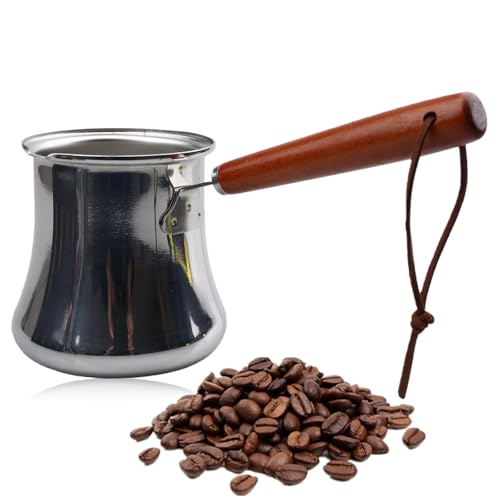 GOEDCH Cafetera turca de acero inoxidable de 550 ml: mini olla de café con mango de madera, jarra de café con diseño antidesbordamiento, cafetera de acero inoxidable para cocinar leche, salsa