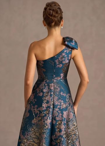 Image of Women's One-Shoulder Wedding Guest Dress A-Line Princess Ball Gown Jacquard Evening Gown Floral Brocade Prom Dress