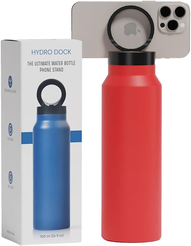 Insulated Water Bottle 24oz Compatible with Mag-safe Magnetic Phone Holder & Tripod Replacement - Stable Full or Empty, Stainless Steel Hot 12H, Cold 24H - For iPhone 12-15 Series (Red)