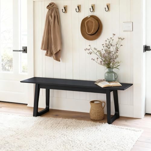 Image of HNY Black Dining Bench, Farmhouse Solid Entryway Bench, 55 Inch Long Wooden Bench, Kitchen Dining Seat for Entryway /Dining Room /Kitchen /Living Room