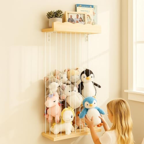 Sunifier Adjustable Stuffed Animal Storage with Shelf (Patented) - Large Wooden Hanging Plush Toy Organizer - Corner Stuffy Animals Hammock Net Holder for Kids Room Nursery Bedroom