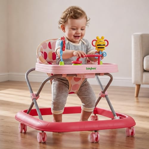 Image of Baybee Stepzilla Baby Walker for Kids | Foldable Activity Walker with 3-Level Height Adjustment, Soft Cushion Seat, Smooth Wheels & Toy Bar | Baby Walker for 6-18 Months Boys & Girls (Pink)