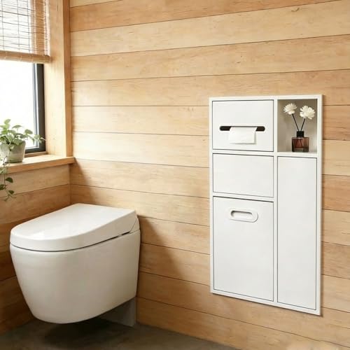 Unterputz Toilettenpapierhalter Unterputz Wc Modul Toilettenpapierhalter Unterputz, mit Eingebaute Mülleimernische, Toilettenbürstenhalter, Mülleimer, für Badezimmer, Platzsparend(White,67*40*14CM)