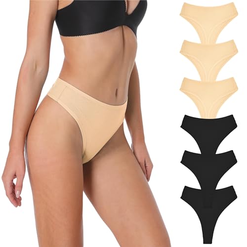 Women's High Waisted Ribbed Cotton Thongs Stretchy Sport Panties High Cut Breathable Underwear Medium