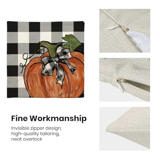 Fall Pillow Covers 18x18 Inch Set of 2 Autumn Buffalo Plaid Pumpkin Throw Pillow Covers Harvest Thanksgiving Pillow Cases Outdoor Decor for Living Room Bedroom Linen Square Cushion