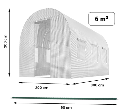 Plonos Garten-Gewächshaus Tunnel 2 × 3 m - 6 m² Folientunnel mit Stahlrahmen | PE-Folie 140 g/m² UV-beständig | 8 Fenster mit Moskitonetz | Pflanzenschutz | Weiß