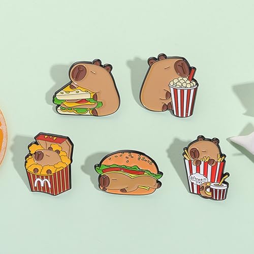 Image of 5Pcs Cartoon Capybara pin, Cute Animal Enamel Pin, Birthday Cake Donut Coffee Corn Roll Lapel Pin Alloy Backpack Pin Enamel Badge Suitable for Daily Decoration Clothes Sweater Hat Bag Collection Party Gift
