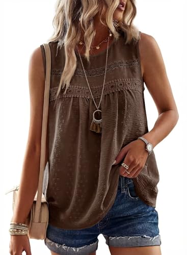 Image of Falechay Womens Summer Tops Boho Shirts Crewneck Sleeveless Tank Tops Flowy Lace Hem Casual Blouses Clothing Trendy 2026