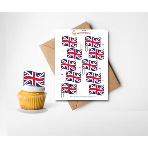 20x Pre-cut Great Britain Union Jack Queen King Royal UK England Flags Edible Thick Wafer Card Standing Cupcake Toppers Birthday Party Cake Decorations Cover