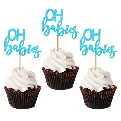 Blumomon 24Pcs Blue Glitter Oh Babies Cupcake Toppers Baby Shower Cupcake Picks Celebrating Kids Birthday Baby Shower Party Cake Decorations