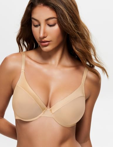Image of Wingslove Women's Sheer Lace Bra Demi Through Mesh Bralette Unlined Underwire Support Non Padded