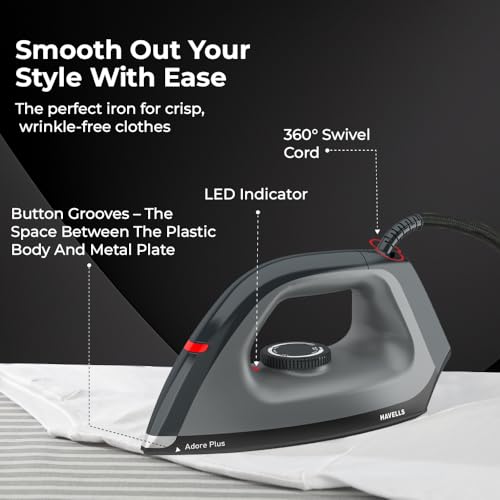Image of Havells Dry Iron Adore Plus 1100 Watts, Iron Press, Greblon Non Sick Soleplate with German Technology, Shock Proof Body, Aerodynamic Design, 360 Swivel Cord, 2 Year Manufacturer Warranty (Black)