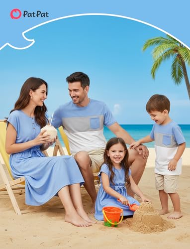 Image of PATPAT Family Matching Outfits Mommy and Me Dresses Floral Dress & Tee Sets | Couples Matching Outfits, Beach Vacation, Family Photoshoot, Drop Shoulder Design Dress, Cotton Blend T-shirts