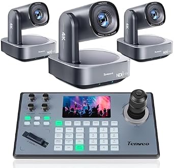 Tenveo 4K PTZ Camera and Controller Bundle/Kits - 20X AI Tracking HDMI/USB3.0/LANPoE 4K NDI PTZ Camera3PCS and 5'' LCD Screen Joystick Controller for Church Service Events Live Streaming