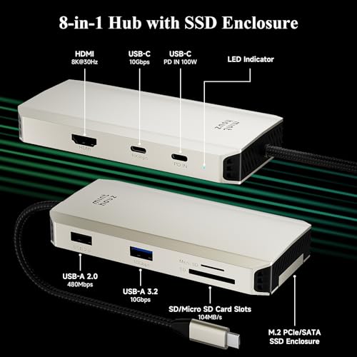 Image of Minthouz USB C Docking Station,8-in-1 USB-C Hub with M.2 NVMe SATA SSD Enclosure,10Gbps Data Transfer, 8K@30Hz HDMI,87W PD,SD /TF Card Reader,USB 3.2 Hub for MacBook Pro /Air, Dell, HP Laptops