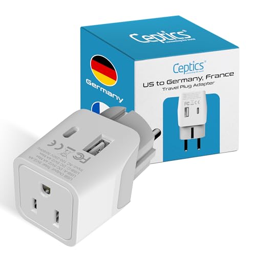 Image of Ceptics Schuko, Germany, France, Spain Travel Adapter Plug with Dual USB - USA Input Type E /F - Ultra Compact Perfect for Cell Phones, Laptop, Camera Chargers, iWatch, iPad, iPhone and More (CTU-9)