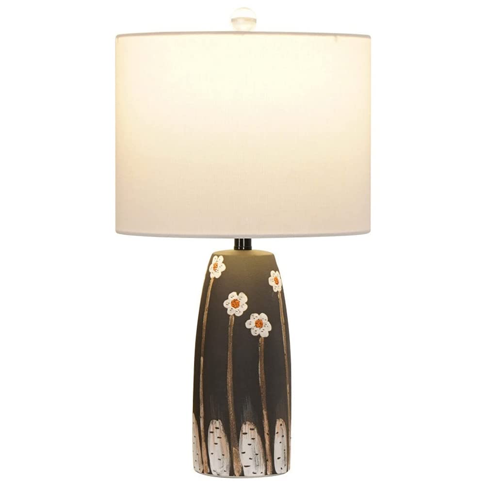 Prosta dekoracyjna domowa ceramiczna lampa stołowa z malowaną śliwką, szara lampa nocna z kloszem w kształcie bębna z tkaniny 20,4-calowa lampa stołowa na biurko