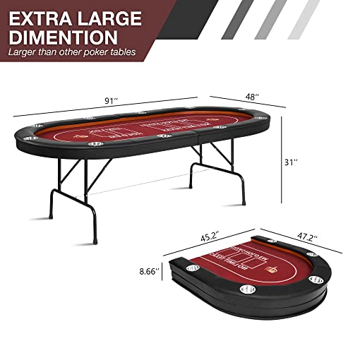 Luckyermore Poker Table 91” Extra Large 10 Players Folding Poker Table, Casino Poker Table Texas Holdem Poker Table, 10 Cup Holders & Padded Rails (91”X48”X31”) #TOP1