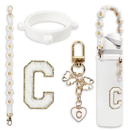 Cute Letter Charm Set with Secure Handle Strap, Silicone Ring, Monogram Sticker and Personalized Decoration for Owala Compatible Water Bottle, Travel Carry, School, Gift and Daily Use (White, C)