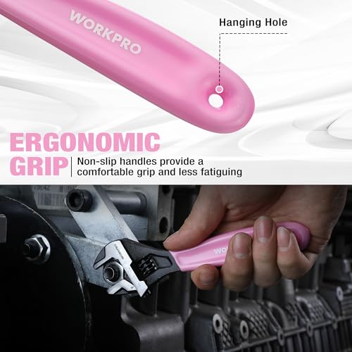image for WORKPRO 6-Inch Pink Adjustable Wrench, Cr-V Steel, Wide Jaw Black Oxid