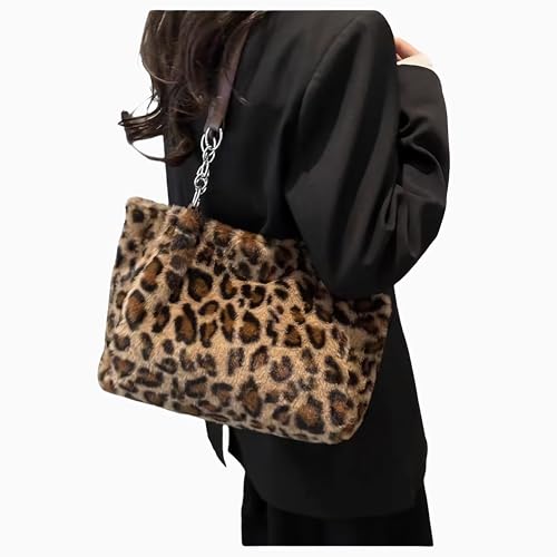 Plush Faux Fur Leopard Print Handbag，Y2K Furry Fur Purse，Chain Fuzzy Strap Cheetah Print Shoulder Tote Bag For Women Gift2