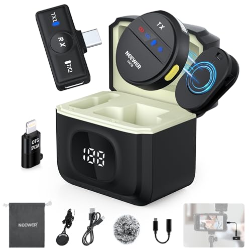 NEEWER USB C Wireless Lavalier Microphone System Compatible with iPhone 16 15 Android Phone PC Laptop Noise Cancelling Mini Clip on Lapel Mic Kit Charging Case 200m Long Range for Vlog Recording, KM18