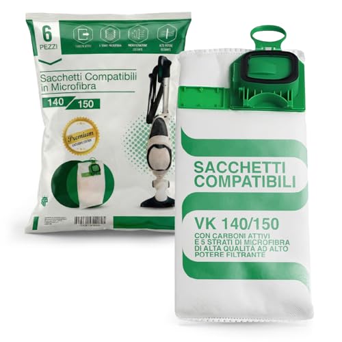 PIESSEONLINE 6 Sacchetti in Microfibra Adattabile per Aspirapolvere Folletto modello VK140-150