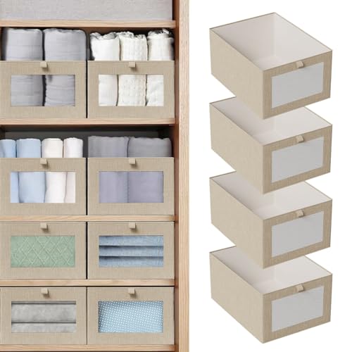 ACEMAC Linen Closet Organizers and Storage, 4 Pack Closet Organizer Bins for Organizing Clothing, Jeans, Blankets, Toys, Shelves, Wardrobe - Large Linen Organizer with Clear Window, Beige by ACEMAC - Used condition - US$14.23