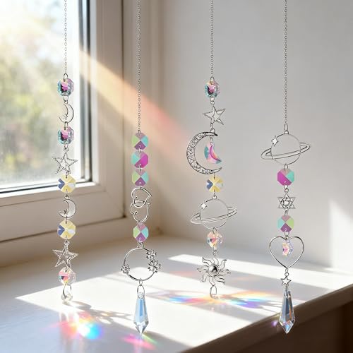 Image of HASTHIP 4Pcs Suncatcher Charm Room Decor, 34CM Sparkling Shining Crystal Sun Moon String Charm Hanging Ornament Wind Chime Suncatcher Charm for Door, Room, Gift