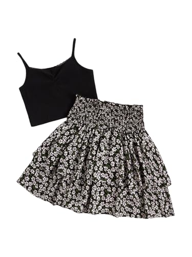 Image of RoseSeek Girl's 2 Piece Outfits Lace Ruched Camisole Tops and Shirred High Waisted Layered Floral Skirts Set