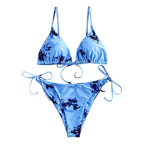 ZAFUL Women's Halter Shirt Bikini Swimsuit Three Piece Tie Dye Braided String Bikini Set Lace Up Swimwear(A-Day Sky Blue, M)