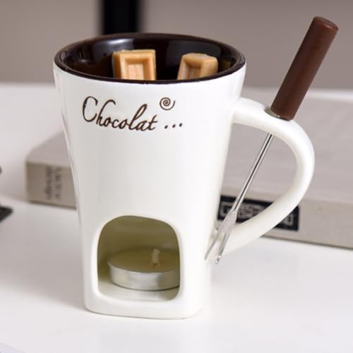 Chocolate Fondue Cups, Multifunction Ceramic Hot Tealight Mugs with Fork, Melting Mug, Dark Peanut Butter Mug Gi-ft Set(White,1pc)