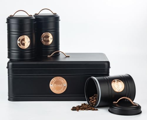Image of Tea Coffee Sugar Biscuits & Bread Storage Canister Set, 4pc Kitchen Storage Jar Set, Labelled Containers with Lid (Black/Copper, 4 Pieces)