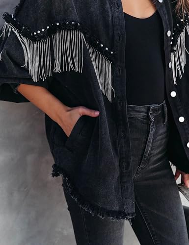 Daacee Casual Frayed Tassel Black Denim Jacket For Women Fashion Fringe Rhinestone Cowgirl Jean Coats thumb #1