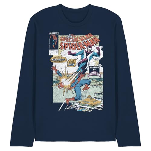 Image of Marvel Spiderman Blasted By Boomerang Cover Unisex Long Sleeve T Shirt, Navy, Small