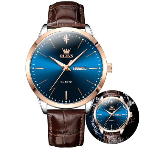 Image of OLEVS Men Watches Dress Waterproof Leather Band Classic Large Face Luxury Watches for Men Casual Fashioned Nice Analog Watch Men Day Date Easy Reader Quartz Original Business Adjustable Watches Men