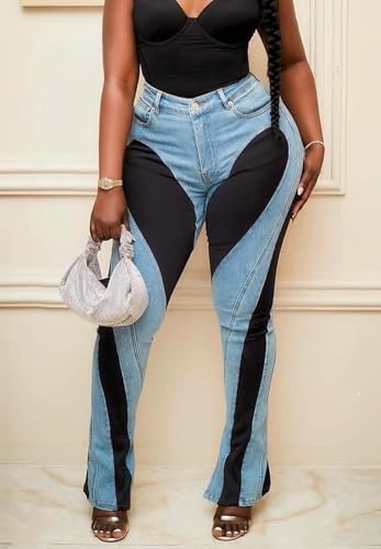 Women's Skinny Stretch Jeans Patchwork Contrast Color Stretch Trendy High Waist Split Long Pockets Denim Pants3