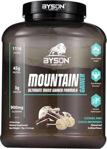 Image of Byson Nutrition Mountain Ultimate Mass Gainer | Premium Lean Gainer | High Calorie Drink | Bulk Weight Gain | 1116 Calories | 45g Protein | 3g Creatine | 900mg Glutamine (7lbs, Americano Cafe Mocha)