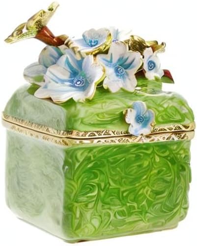 Hand Painted Trinket Box for Home Decor, Hinged Enameled Jewelry Box for Ring Earrings Jewelry Organizer, Unique Vintage Bejeweled Storage Figurine Collectible Keepsake (Flower-Green) - Image 6