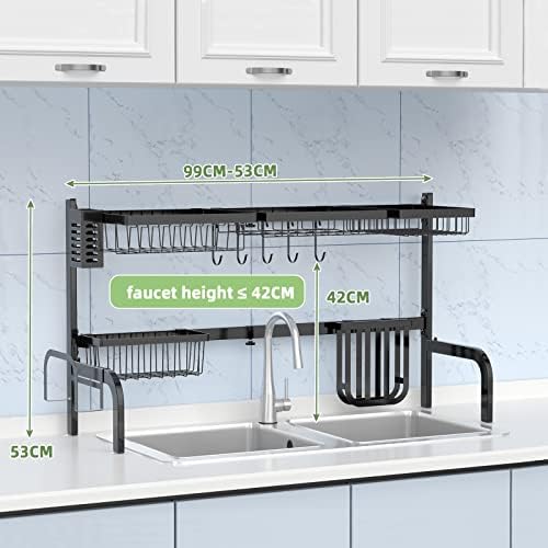 TANGZON Over The Sink Dish Drying Rack, 2 Tier Width Adjustable (21"-39") Dish Rack with Utensils Holder, Cutting Board Stand & 5 Hooks, Rust Proof Kitchen Countertop Drainer Organizer